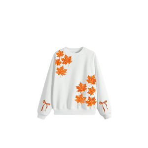 Sweat-shirt blanc à manches longues avec col rond, motif feuilles d'automne, broderie à paillettes, sweat-shirt décontracté en coton tricoté pour femmes - Product Image 1