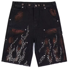 Pantalones Cortos de Mezclilla Fire Diamond, Pantalones Cortos con Gráficos de Diamantes de Imitación Vintage, Ropa Urbana para Hombre, Pantalones Cortos de Hip Hop Harajuku - Product Image 3