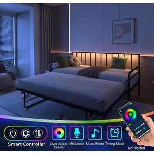 Lettino Matrimoniale con Luci LED RGB e Stazione di Ricarica, Telaio Regolabile in Altezza, Letto Estraibile Versatile in Metallo - Product Image 2