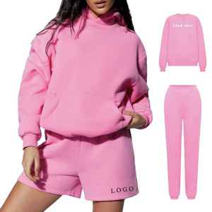 Nouvel ensemble décontracté d'été personnalisé pour femme, en molleton 180g, deux pièces, avec short au-dessus du genou et sweat à capuche, en polyester et élasthanne - Product Image 1