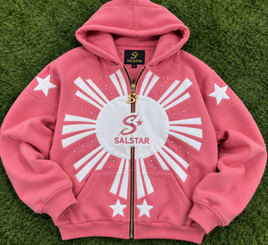 Veste polaire rose à capuche avec applique soleil blanche et fermeture éclair à étoiles, vêtements de mode pour femmes, logo personnalisé, fabrication en usine - Product Image 5