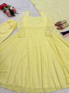 Robe traditionnelle indienne pakistanaise pour femmes, jaune, brodée, longue, avec un motif floral, en coton, coupe ample, vêtements décontractés - Product Image 6