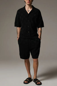 Ensemble short et chemise pour homme, personnalisé, été, décontracté, respirant, manches courtes, coton, coupe décontractée, tricot, motif damier, logo sur le devant - Product Image 2