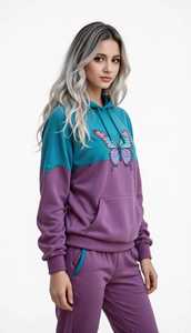 Ensemble de survêtement sportif respirant 2 en 1 pour femmes, sweat-shirt à capuche et pantalon, couleur bleu turquoise et violet, imprimé papillon, été - Product Image 2