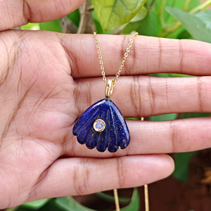 Royal blue lapis lazuli shell carving pendant <b>with</b> sparkling blue cubic zirconia bezel setting natural gemstone necklace jewelry - Product Image 4