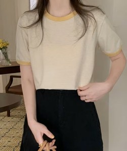 Camiseta Casual Chic Vintage Amarilla Sólida de Manga Corta con Logo y Cuello Redondo - Transpirable y Ecológica para Mujer, Uso Diario - Individual - Product Image 2
