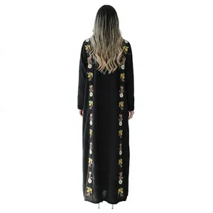 Abaya longue de luxe brodée unie, lavable, style maxi, ouverte sur le devant, élégante, noire, broderie islamique - Product Image 6