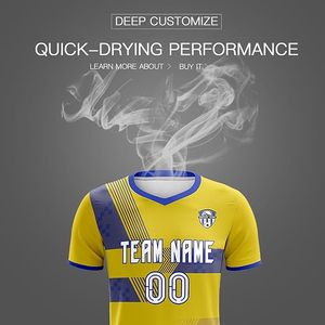 Conjunto de Uniforme de Fútbol Personalizado por Sublimación, Camiseta Amarilla y Azul con Cuello en V, Manga Corta, para Hombre, Resistente al Agua y Ecológico - Product Image 3