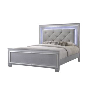 Modern King LED Faux Leather Upholstery <b>Panel</b> Bed Beveled <b>Mirror</b> Accents Textured Footboard Silver Beige Finish Up-Holstered Bed - Product Image 1