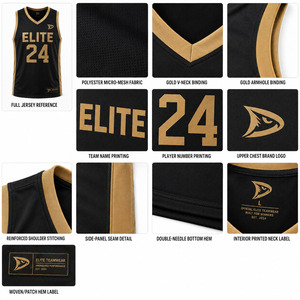 Camiseta de Baloncesto Elite Teamwear Negra y Dorada Sublimada con Cuello en V, Unisex para Adultos, Transpirable, 100% Poliéster, Ropa Deportiva - Product Image 5