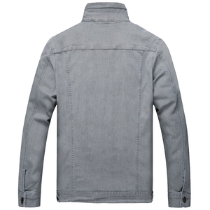 Men's Gray Denim Jacket <b>Stand</b> Collar Casual Cotton Regular Fit Autumn Wear - Product Image 2
