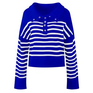 2024 Custom Oem Odm Ladies Luxury Elegant Polo Neck Stripe Pullover Sweater