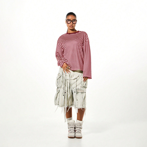 Camiseta de Mujer Personalizada a Rayas, Manga Larga, Bloques de Color, Corte Holgado, Tejido Transpirable de Lona, 100% Algodón, Camiseta de Verano para Mujer - Product Image 3