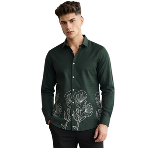 เสื้อเชิ้ตแขนยาวพิมพ์ลายดอกไม้สีเขียวป่าสำหรับผู้ชาย ทรงเข้ารูป สไตล์ลำลอง ติดกระดุม  แฟชั่นเสื้อเชิ้ต  ผู้ผลิตเสื้อผ้าตามสั่ง - Product Image 1