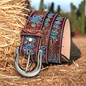 Cinturones Vaqueros Unisex de Cuero Genuino Hechos a Mano con Diseño Floral Grabado y Pintado a Mano, Novedad - Product Image 3