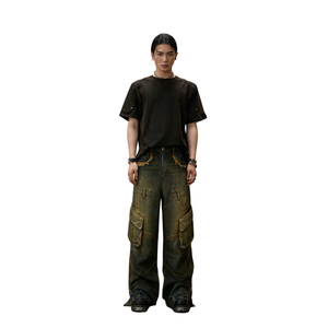 Pantalon cargo en jean délavé pour homme, taille haute, coupe ample, style streetwear, en coton mi-lourd, personnalisé - Product Image 1
