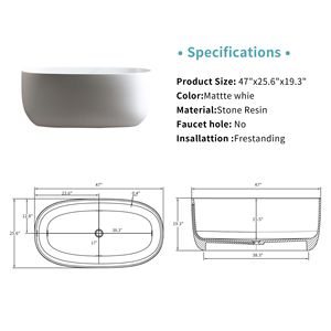 Vasca da Bagno Moderna Indipendente in Resina Effetto Pietra da 47FT, Design Quadrato con Scarico a Scomparsa e Troppopieno per Interni - Product Image 1