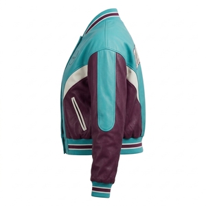 Turquoise Maroon <b>Women</b> Genuine <b>Leather</b> <b>Bomber</b> Varsity <b>Jacket</b> Custom Three Tone Chevron Ribbed Outerwear OEM Factory Supplier - Product Image 4