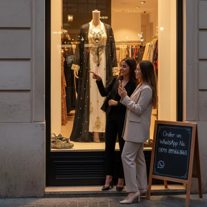 Kaftan Royal Blanc Or Brodé Élégant avec Superposition en Georgette Noire, Perles Dorées Scintillantes en Cristal, Antistatique, Extensible dans les Quatre Sens - Product Image 1