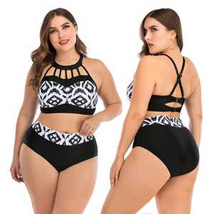 Conjunto de Bikini con Estampado Geométrico para Mujer, Talla Grande, Cuello Halter, Cintura Alta, Traje de Baño de Spandex y Poliéster - Product Image 5