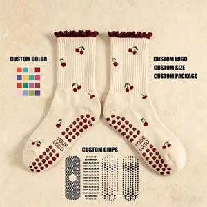Wholesale <b>Custom</b> Women's Pilates Crew Ruffle Cotton <b>Socks</b> Non-slip Yoga Personalized Beige Cuff Breathable Fitness <b>Grip</b> Sports - Product Image 4