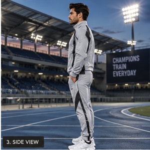 Ensemble de survêtement coupe-vent personnalisé pour homme, gris clair et noir, sublimé, avec veste de course athlétique à fermeture éclair intégrale et pantalon - Product Image 3