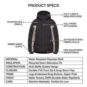 Veste matelassée à capuche pour homme, coupe-vent, épaisse, en polyester, avec blocs de couleur, fermeture éclair, coupe droite, pour l'hiver - Product Image 5