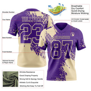 เสื้อฟุตบอลอเมริกันแบบซับลิเมชั่นสั่งทำพิเศษสำหรับผู้ชาย สีม่วงทอง คอวี แขนสั้น ระบายเหงื่อได้ดี ชุดกีฬาสำหรับทุกฤดูกาล - Product Image 2