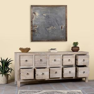 Commode à dix tiroirs en bois recyclé sablé, style rustique, faite à la main, finition naturelle, pour chambre à coucher - Product Image 2