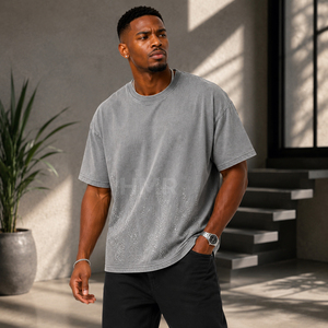 HMR Brotherhood OEM ODM Men's Vintage Grey Rhinestone <b>Flame</b> T <b>Shirt</b> Premium Cotton Oversized Streetwear Tee - Product Image 3