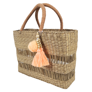 Sac fourre-tout rectangulaire en jonc de mer tressé à la main avec motif rayé en maille ouverte, sac de rangement et de plage naturel fait à la main - Product Image 3