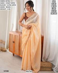 Sari de satén Fendy azul claro Rutvi con bordados, blusa de satén ultra, para bodas, indio, pakistaní, para mujer, corte regular, sin arrugas - Product Image 2