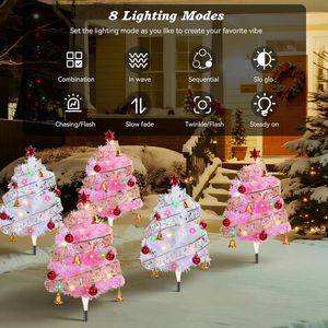 Set di 4 Alberi di Natale Preilluminati da Esterno, Alberi da Giardino da 86 cm con Nastri Intrecciati, Palline Rosse, Campanelle, Alberi di Natale a Energia Solare con Ricarica Type-C - Product Image 2