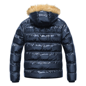 Men's Winter Down Puffer <b>Jacket</b> <b>Hooded</b> With <b>Fur</b> Lining Windproof Casual Thick Regular Fit Zipper Closure Solid Color Blue - Product Image 3