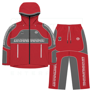 Ensemble de survêtement unisexe rouge 2 pièces : veste à capuche zippée et pantalon de survêtement en nylon coupe-vent respirant, tenue de sport décontractée coupe ample - Product Image 1