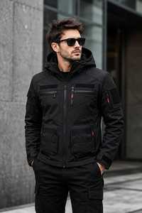 Veste de moto imperméable à capuche pour homme, en PU noir, fermeture éclair, rembourrage épais en polyester, pour l'hiver - Product Image 2