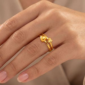 Bague en or double cœur Forever Twin Heart, or jaune de luxe, ajustable, ouverte, pour femme, romantique, minimaliste, à porter au quotidien - Product Image 2
