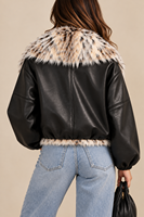 Blouson aviateur en cuir noir pour femme avec col en fausse fourrure, coupe courte, manteau d'hiver