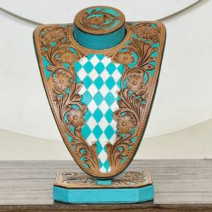 Buste de présentation en cuir véritable à motif damier, très demandé, avec design floral gravé, pour bijoux et colliers, idéal pour l'affichage en showroom - Product Image 3