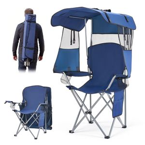 Sedia Pieghevole a Mezzaluna con Tettuccio Parasole, Sedia da Spiaggia Portatile con Tasca Portaoggetti e Doppi Portabicchieri, Capacità 150 Kg - Product Image 1