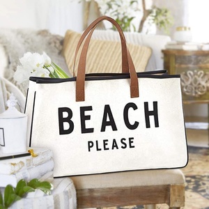 Sacs à main de plage réutilisables écologiques en toile imprimée Sacs fourre-tout en toile de coton pour femmes avec poignées en cuir - Product Image 2