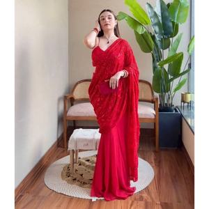 Nuevo y Exclusivo Tela de Georgette Estilo Indio para Fiesta, con Estampado Digital, Bordado, Ribete de Encaje, Sin Costuras, Lavable - Product Image 1