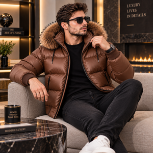 Men's Breathable Plaid Pattern Puffer Jacket Hooded Leather | Giacca Trapuntata Uomo | Chaqueta Acolchada | Veste <b>Matelasse</b> | - Product Image 5