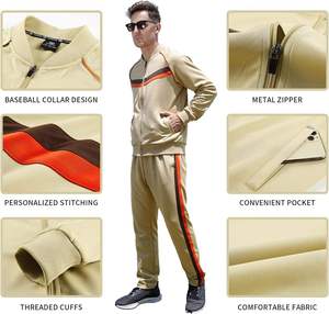 Ensemble de survêtement pour homme, beige, manches longues, poche zippée, vêtements décontractés, respirant, polyester et coton, style automne - Product Image 5