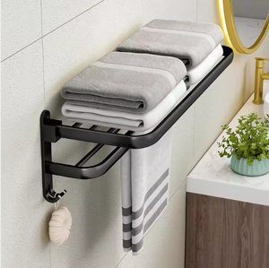 Black Wall Mounted Bathroom Towel Rack with Hooks Metal Folding <b>Storage</b> Shelf for Towels Clothes and <b>Bath</b> Accessories - Product Image 2