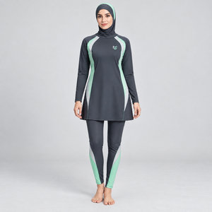Ensemble Burkini Modeste 3 Pièces pour Femme, Couleur Unie, Couverture Complète, Manches Longues, Pantalon, Taille OEM, Protection UV, Plus Front - Product Image 1