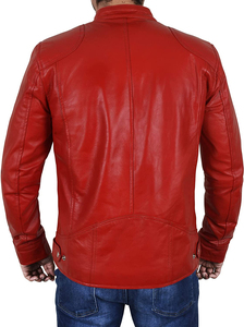 Veste moto en cuir véritable marron classique pour homme, col montant, fermeture éclair, doublure en polyester, imperméable et coupe-vent - Product Image 1