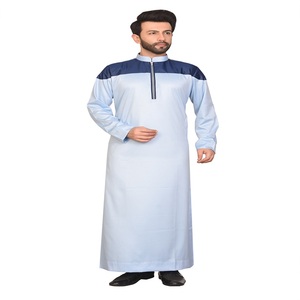 <b>Men's</b> Light Blue <b>Thobe</b> Navy Colorblock Hooded Long Sleeve Floor Length Modest Middle East Style Polyester Eid Daily Wear - Product Image 3