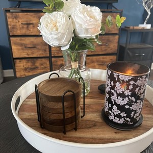 Acacia Round Groove Coasters with Holder Decorative Beverage Coffee Table Coasters for <b>Cup</b> Beer Bar <b>Mats</b> & Pads Drink Set - Product Image 4