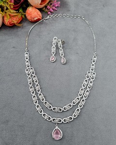 Classic Retro Silver Plated Double Layer TearDrop Pendant Necklace And Drop Earring Luxury American Diamond Wedding <b>Jewellry</b> Set - Product Image 1